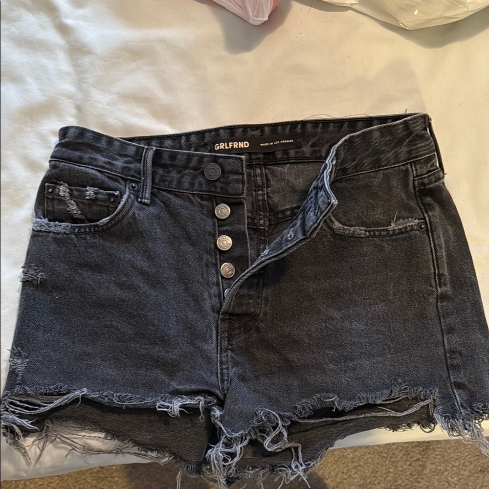 GRLFRND Black Distressed Denim Shorts